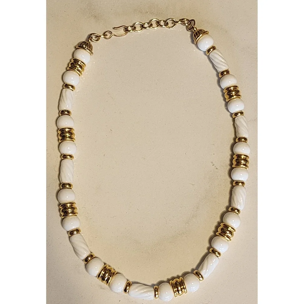 Vintage Monet White Lucite and Gold Tone Beaded Collar Necklace Adjustable Hook